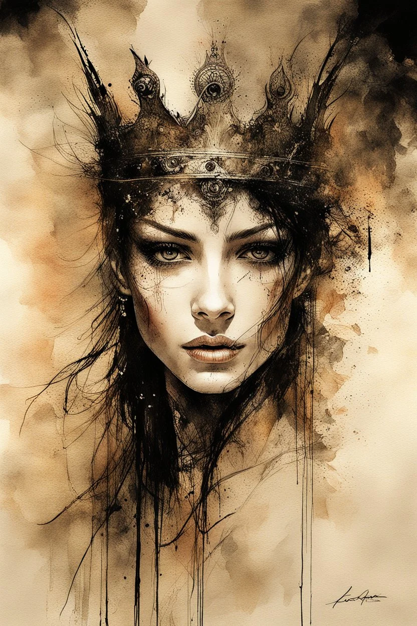 Hyper-photorealistic watercolor art style by Luis Royo & Russ Mills, Surreal fine art etching of a figure by Luis Royo, tanned skin inscribed with the transient story of mortality, ethereal light playing with its form whispering tales of an eternal realm, eyes, black as the depths of the night, ardently pinand looking towards the endless skies, a crown of black hair mirroring the mystery of the cosmos around, whole scene tinged with an ethereal softness from volumetric lighting, hues gr,