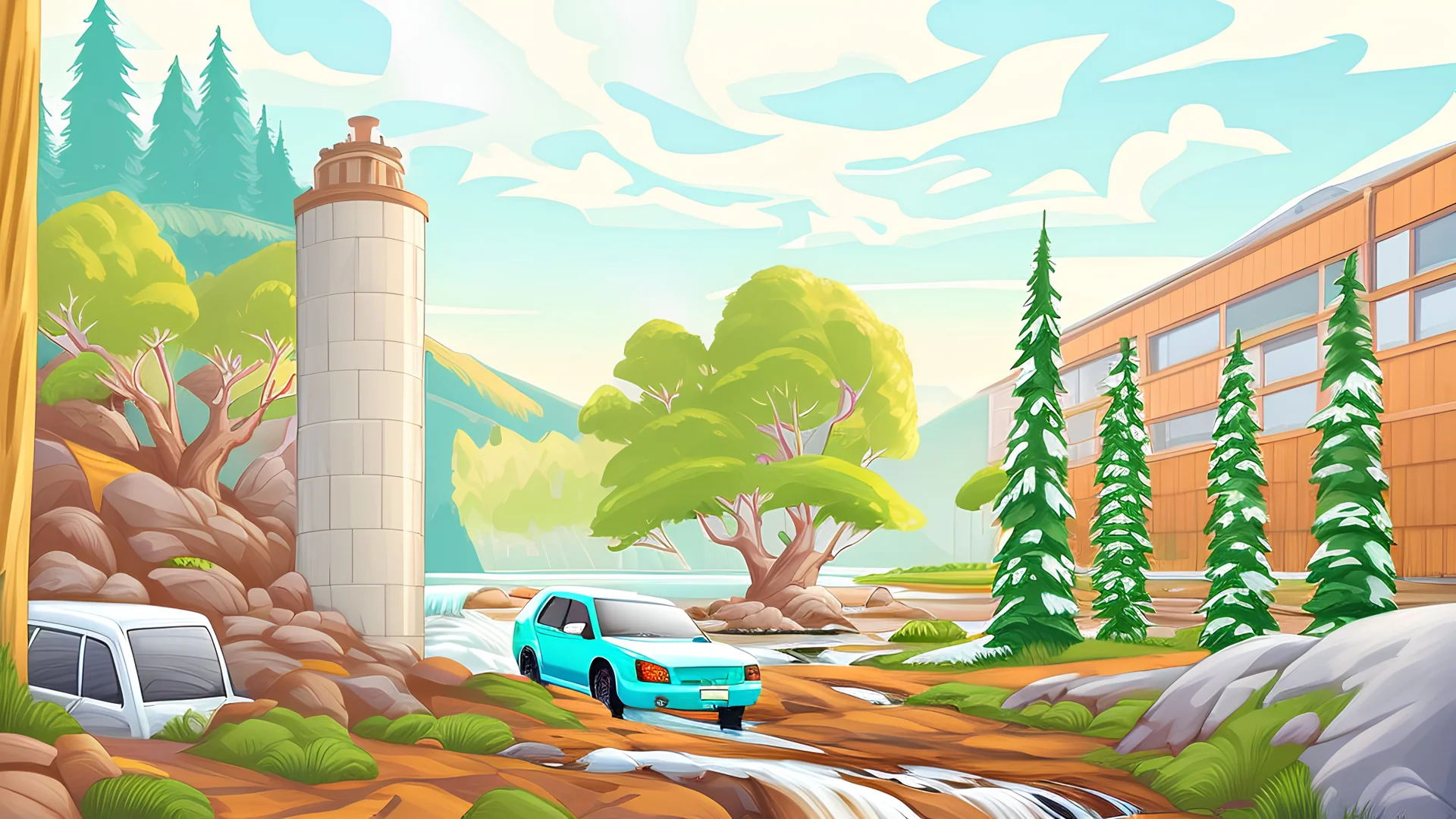 trees mountain river hunting cars