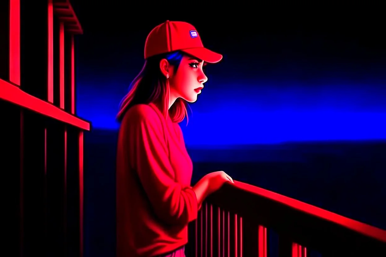 woman with a red baseball hat. leaning on a wooden balcony. night time. fantasy. surrealistic, anime