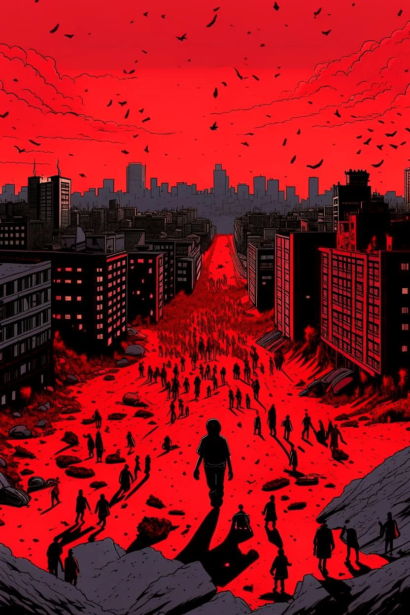 a big City, red and black figure appears in the sky with many dead children on the ground