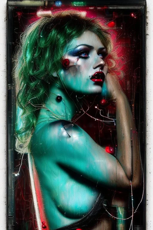 Ultra detailed medium portrait painting of a half naked woman posing in a shop window like a maniquin , a string of Christmas tree lights drapped around her, no nudity, smudged makeup, showlights and in a otherwise dark room, torn up collage of empty promises , broken circuitry background, matrix effects, punk visual art, punk art aesthetic, graffiti art, pop surrealism, collage art, cluttered paint glitches