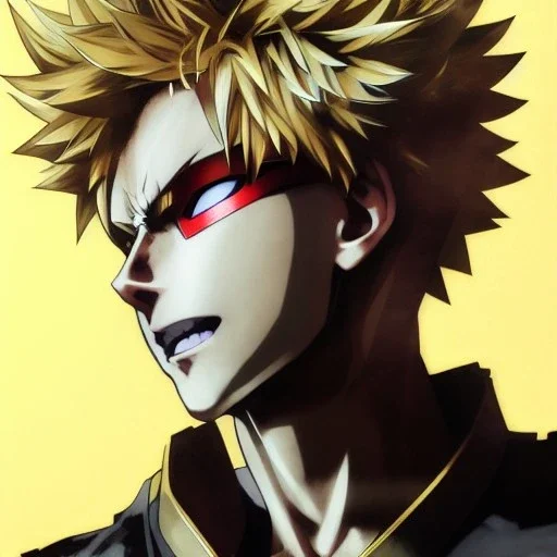 Detailed anime portrait of bakugo from my hero academia, gold hair and golden eyes, black suit, intricate details, full body portrait, keep head in frame, slight smile, black Japanese motif, concept art, highly detailed, digital painting, concept art, sharp focus, illustration, art by Yoji Shinkawa, WLOP and greg rutkowski and alphonse mucha and artgerm and yanjun Chen and Junji ito and Makoto Shinkai, HDR, octane render