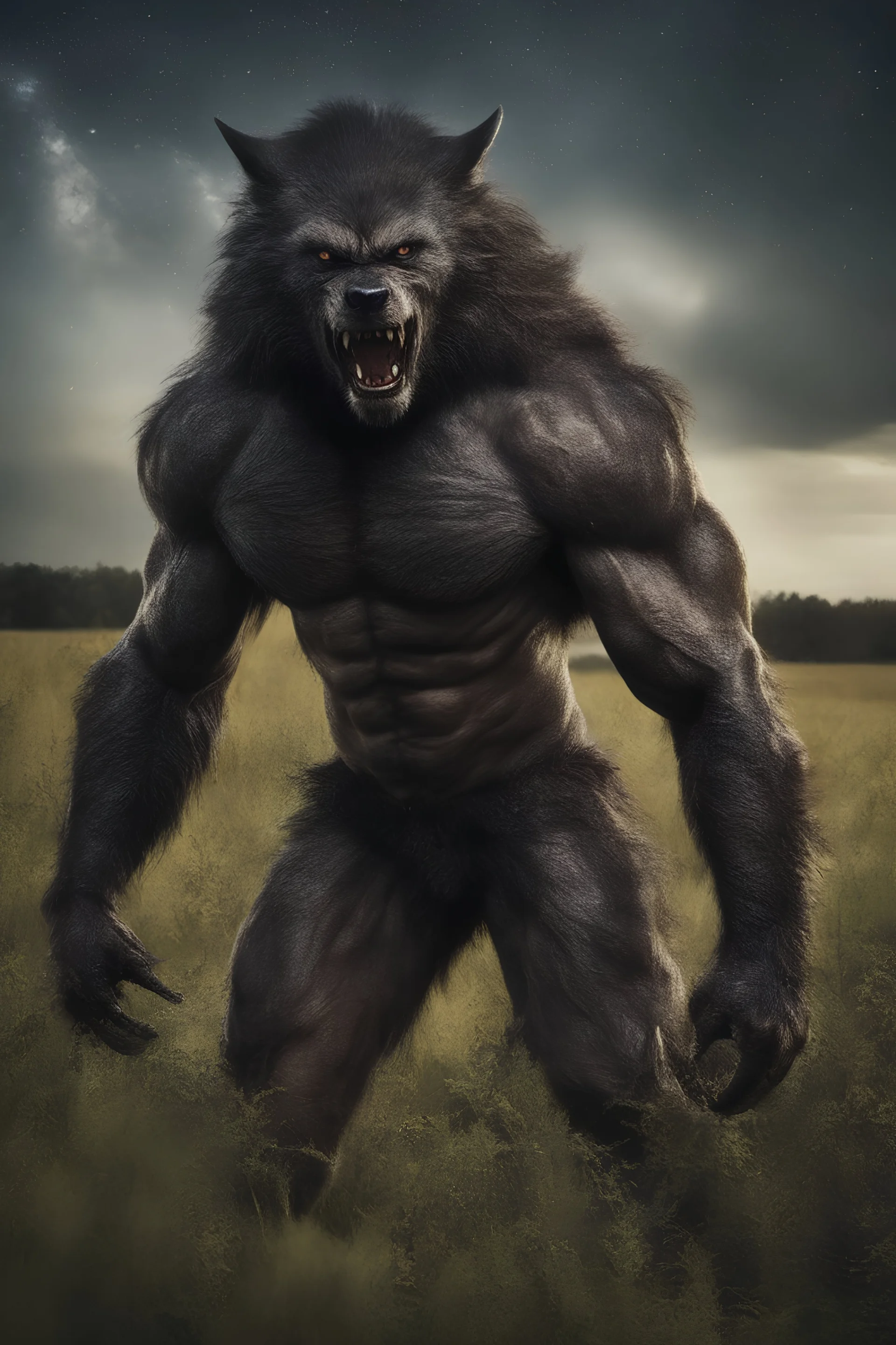 an extremely muscular, and scary looking werewolf in a field, Extreme reality, photorealistic, realistic, lifelike, Absolute reality, Botany, Starry, Retro Pop, Dark Fantasy, Horror, Festive, Realistic - 32k, UHD, professional quality, 8 x 10 digital photograph