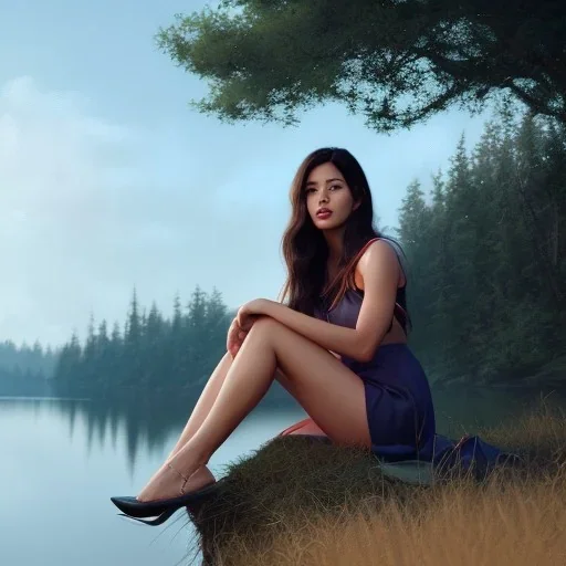 8k 4d photo realistic Highly detailed portrait of stunningly beautiful woman, sitting in near a lake, Atey Ghailan, by Loish, by Bryan Lee O'Malley, by Cliff Chiang, by Greg Rutkowski, inspired by image comics, potrait illustration,