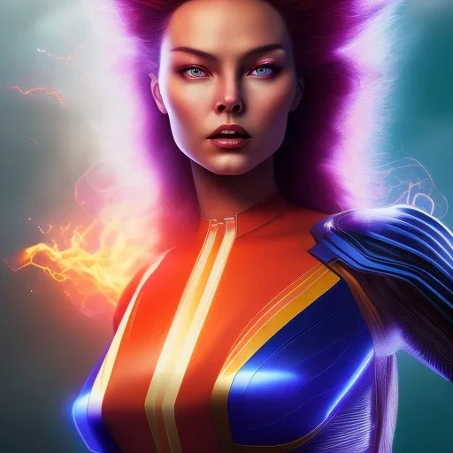 Dark Phoenix, X-Men , Jean Gray. hyperfantastic,hyperscifi,unreal engine.best colours,deep purple . fire theme .blue neon smoke.cinamatic,full cinematic lights.beautiful body details,beautiful face details,8k,