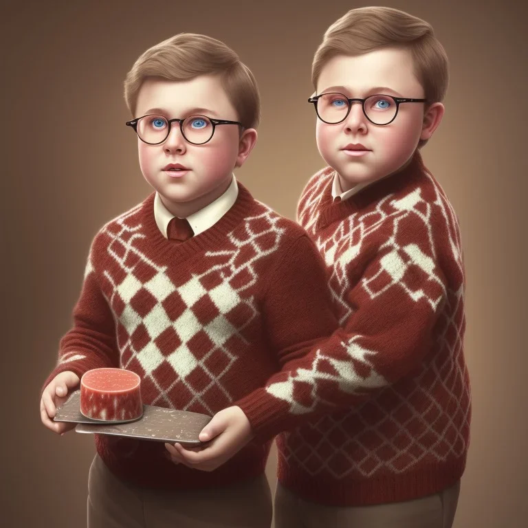 solo peter billingsley is a chubby kid with glasses, gripping a single Dark red soap bar, ((brown))argyle sweater