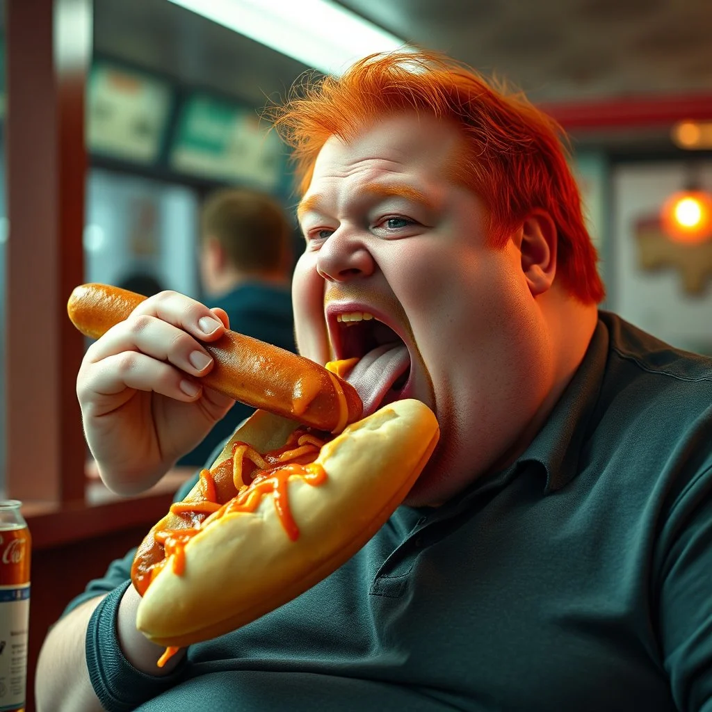 fat man with red hair eating a big hot dog, realistic photo, big mouth open, "Karlsson på taket" vibes
