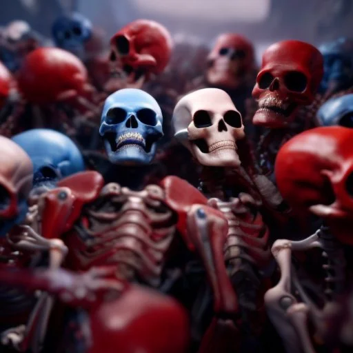 a picture of a dark, comedic, anatomically correct wall of red white and blue tightly packed stacked cyborg skulls of varying sizes and expressions, photo realistic, insanely meticulous, highly detailed, part of a collection of bones on display, 64k, dystopian, vray