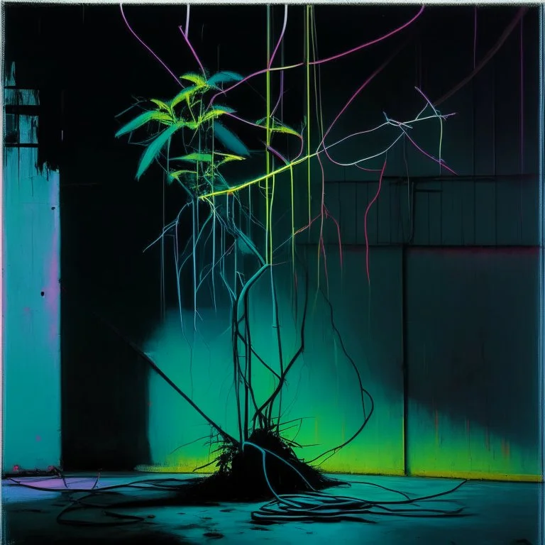 Minimal abstract oil painting of a neon plant in concrete warehouse brutalist architecture and hanging wires illuminated at night. With neon triadic colours. In the style of Justin Mortimer and Phil Hale, Ashley Wood