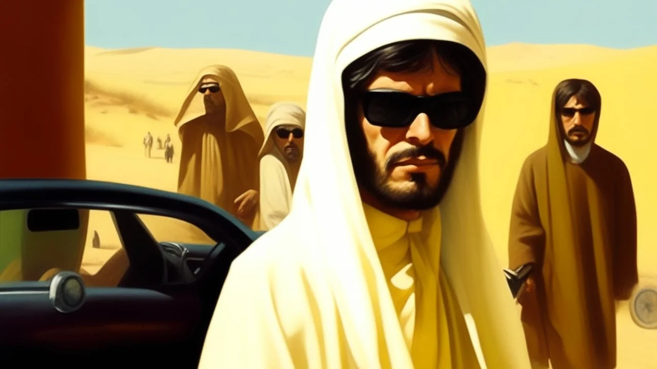 takistan life, oil painting. dr arab cover 1970, closeup dnd style. sunglasses, cape. lawrence of arabia. car race drag.