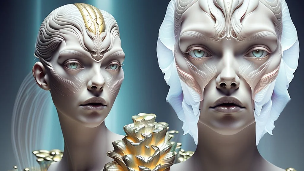 Waterfall, figure of a Woman, art from the "art of control" collection by Jasper Harvey, in the style of futuristic optics, silver and gold, flower, bird, detailed facial features, swirling vortices, 8k 3d, bizarre cyborgs, made of crystals, high detail, high resolution, 8K