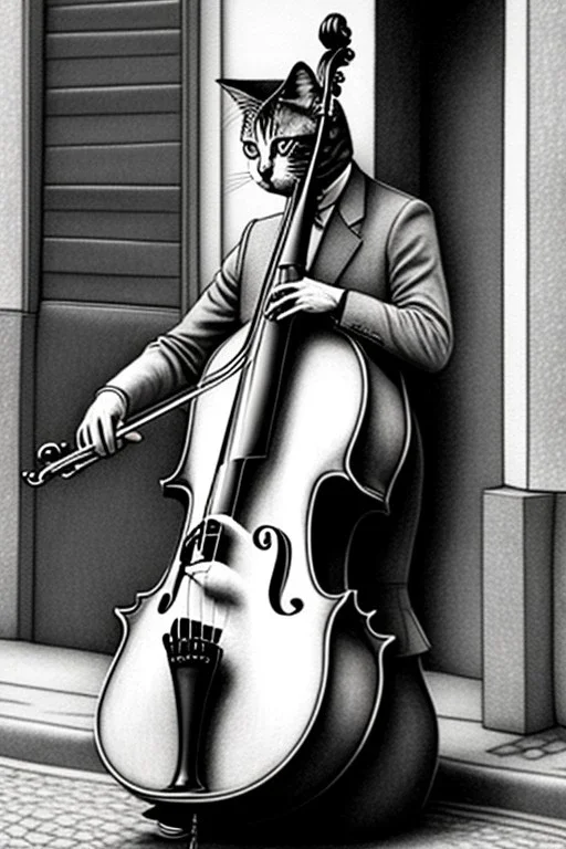 One single mature cat playing contrabass on the street, Vienna, thoughtful, mourning, model style, hyper realistic, extremely accurate, delicate, extremely detailed, Graphic novel style, wide-angle, open aperture, superfine pencil