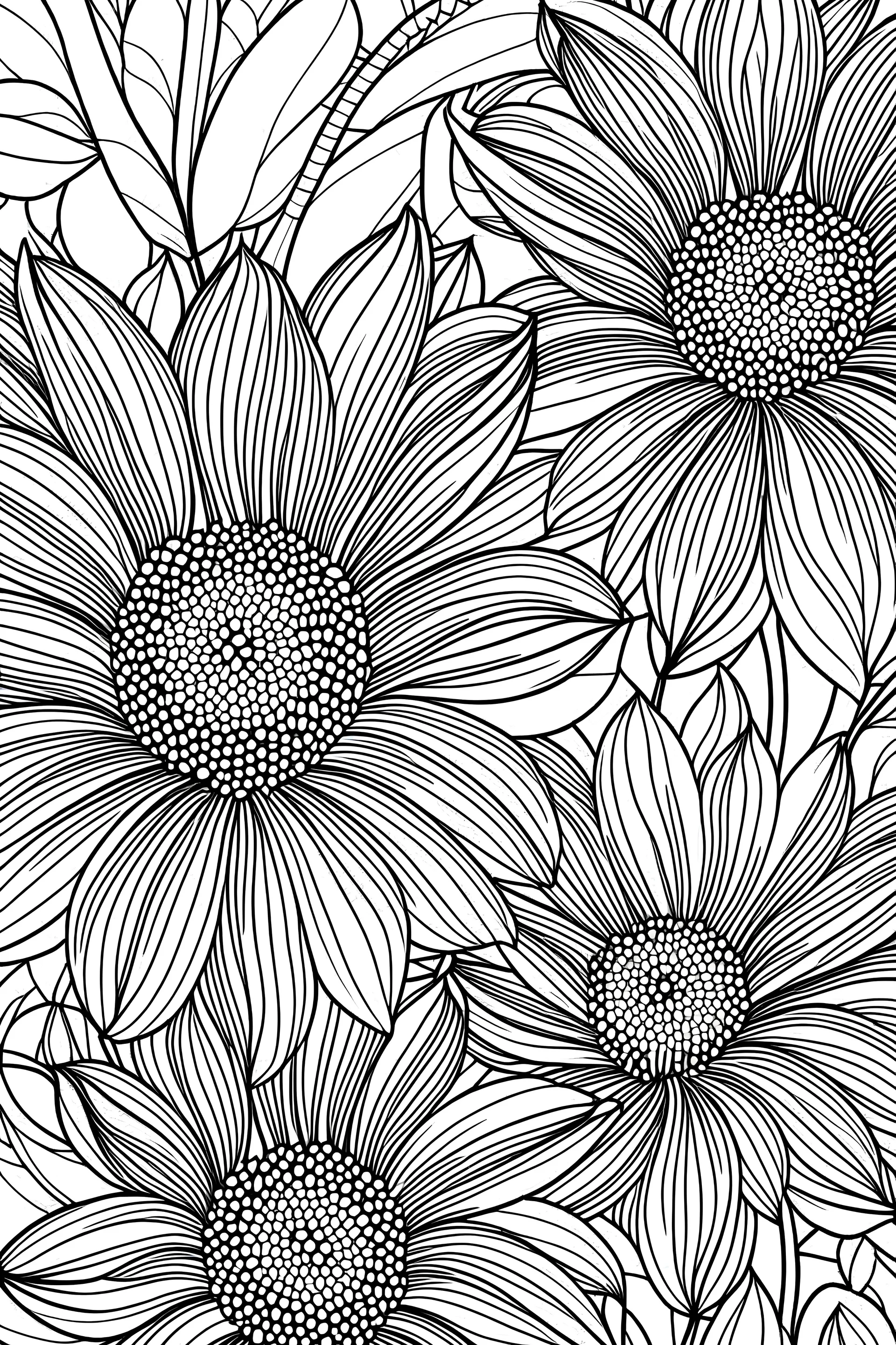 Intricately detailed flowers with large petals for easy coloring. for kids coloring page,no greyscale , there should be enough space for coloring, no colored areas, no detailed page, simple page with one image, bold lines, all on a white background
