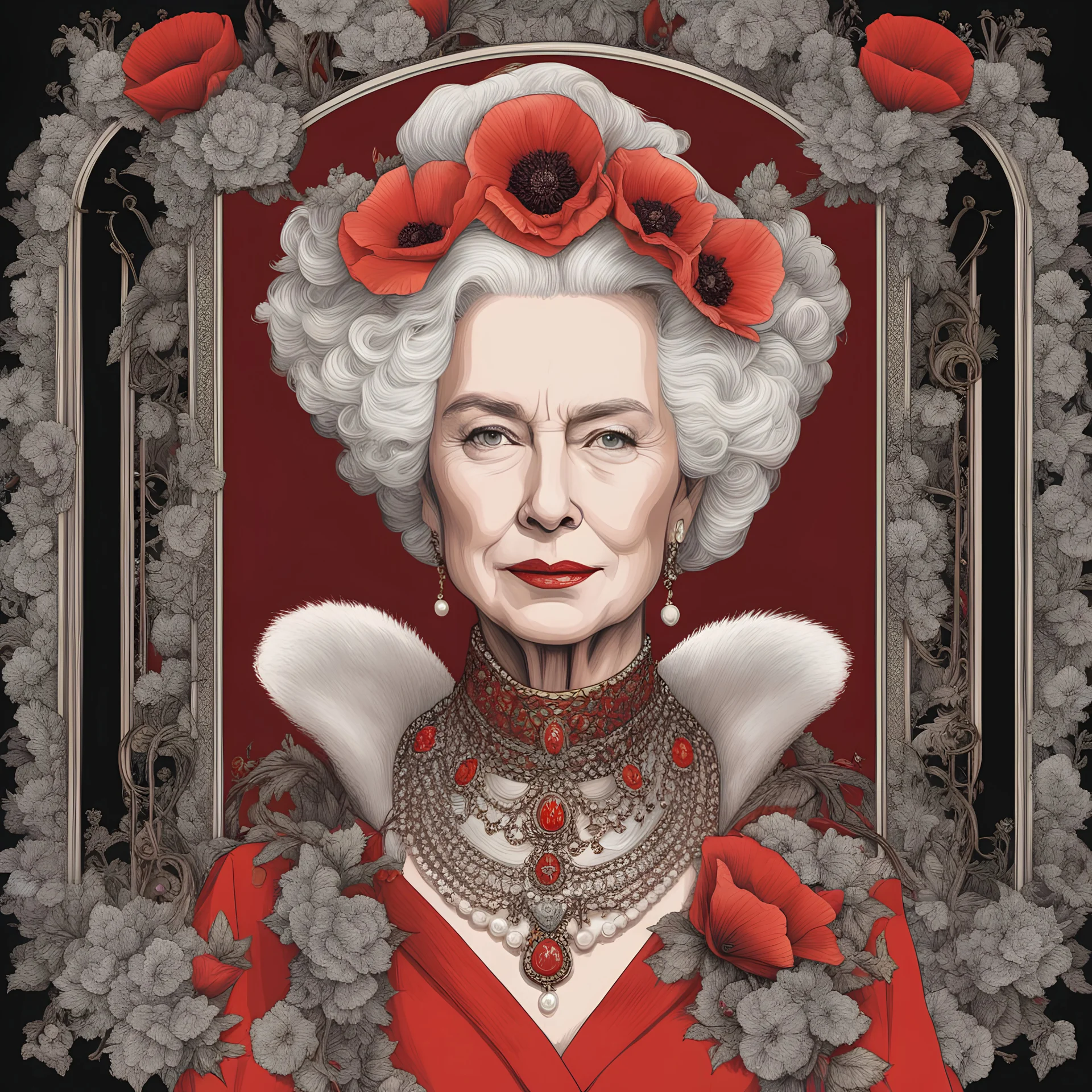 Abstract art style in hand drawn portrait elder Queen Elizabeth in her iconic matching suit and jacket , storybook art style drawing, fantastic and almost magical, timeless, pearl necklace, elegant, highly detailed and realistic. Royal portrait style, red poppies grow around her like an art nouveau frame, opulant and elegant, illuminating, chiaroscuro lighting, art nouveau details and ornamental frame