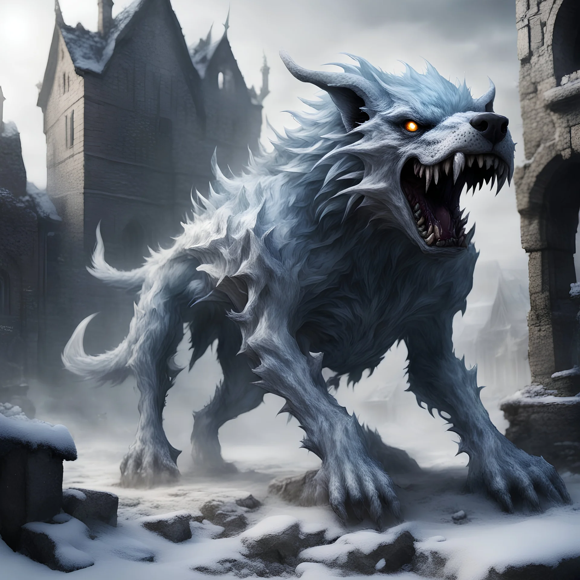 frost hellhound out of the abyss monstrous in ruins of medival town