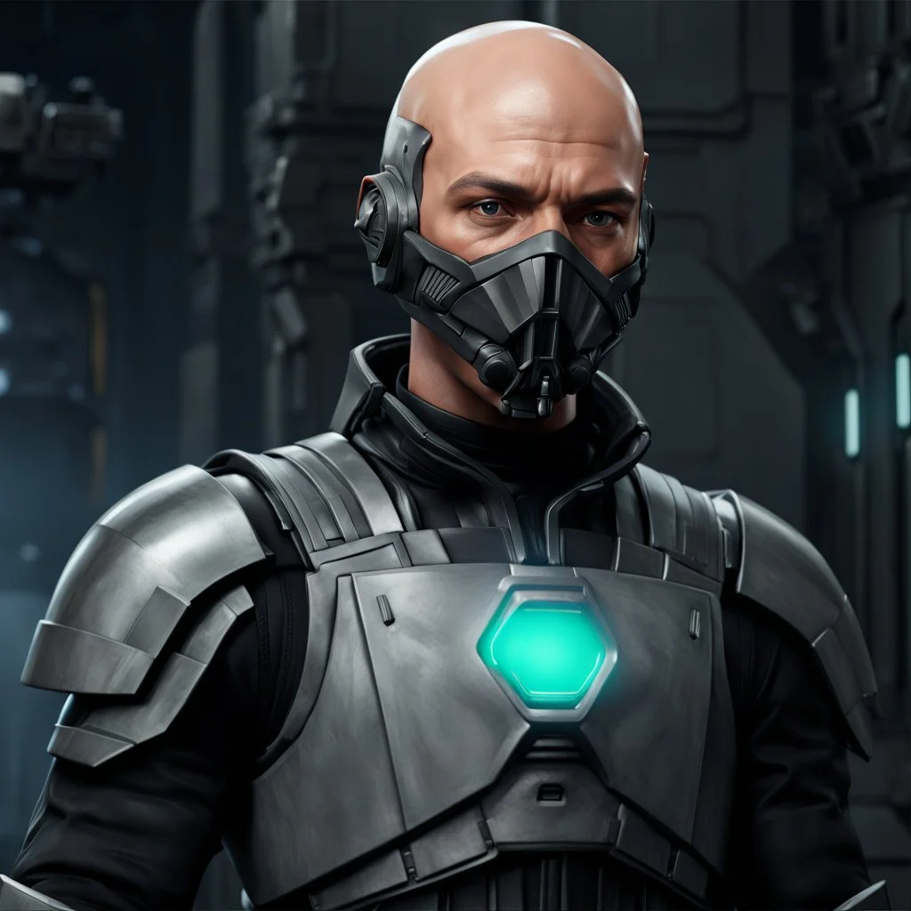 star wars bald male corellian pilot wearing pearlescent black and gunmetal grey First Order special forces heavy assault stealth commando armor and helmet with gold trim inside the jedi temple, hyperdetailed, dynamic lighting, hyperdetailed background, 8k resolution, volumetric lighting, light skin, fully symmetric details