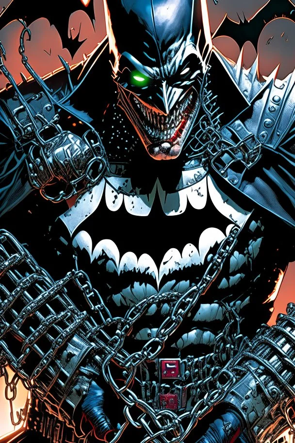 a close up of a person holding chains, the batman who laughs, jason fabok. greg staples, arkham city, gabriele dell'otto, joker wearing vader's armor suit, by Ryan Stegman, joker wearing vader's armor, david tennant as spawn, as illustrated in top cow comics, grotesque joker, venomized, jason fabok