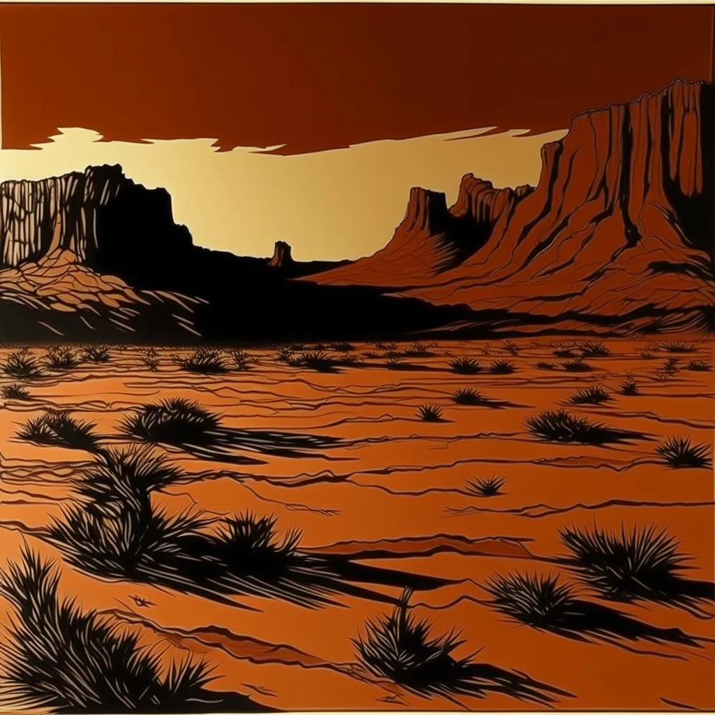 A copper brown dry arid prehistoric land painted by Andy Warhol