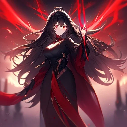 Clear focus, high resolution, black long fluffy hair, red eyes, wearing a Midnight outfit, holding a red glowing spear