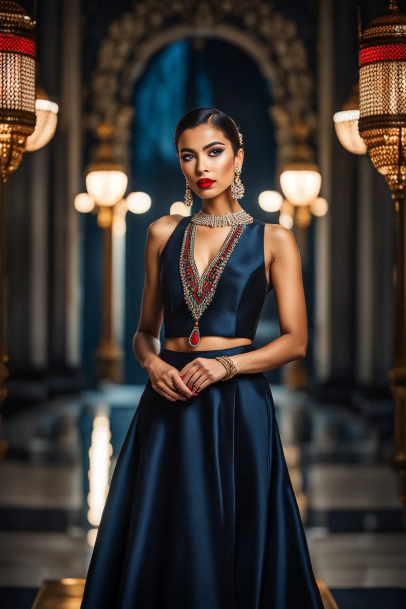 full body, young ralistic woman Portrait, detailed eyes, with spectacular red lips, Eyeliner "beautiful eye" with clear eyebrows, dress with a narrow waist, modest jewelry with subtle eyeliner, centered, symmetry, intricate, volumetric lighting, beautiful, rich deep colors masterpiece, sharp focus, ultra detailed, 8K, dslr, no crop, grand ballroom background, normal eyes