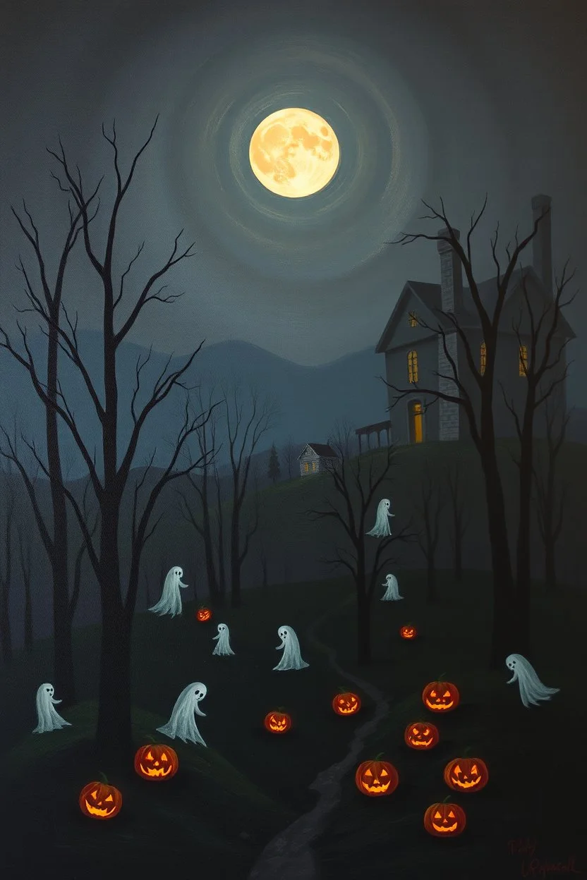 Halloween night landscape painting, darkened forest under a moonlit sky, ghosts and jack-o-lanterns glowing among the bare trees, an abandoned house on a distant hill, hints of mystery and the supernatural in the shadows --v 5.2