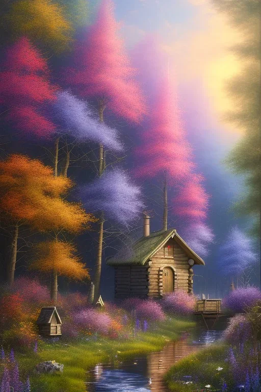 romanticism, fine detail mystical forest, wooden cabin, purple blue yellow silver teal black olive azure, red, pink, brown, flowers, color field painting,