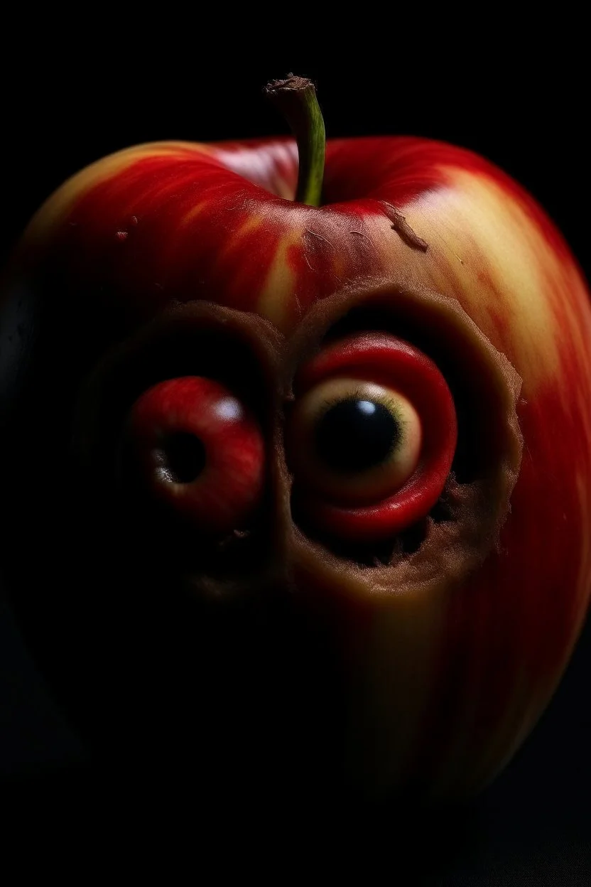 an apple with two ears and many teeth with red eyes