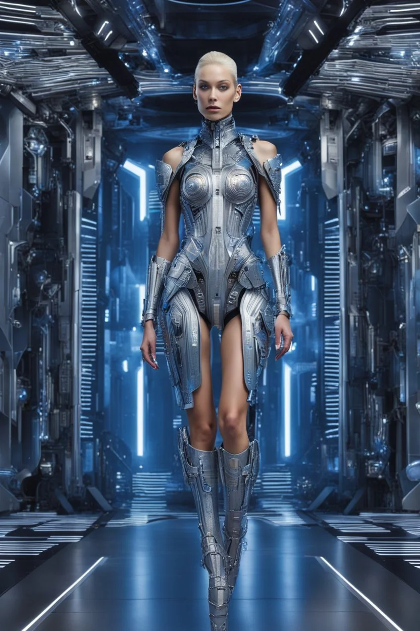 A biomechanical futuristic full body fashion model in a metal silver/blue armored dress, adorned with clear printed hieroglyphic symbols, microchip designe, futuristic headset, Fashion show background, energy, molecular, mecha, future fashion