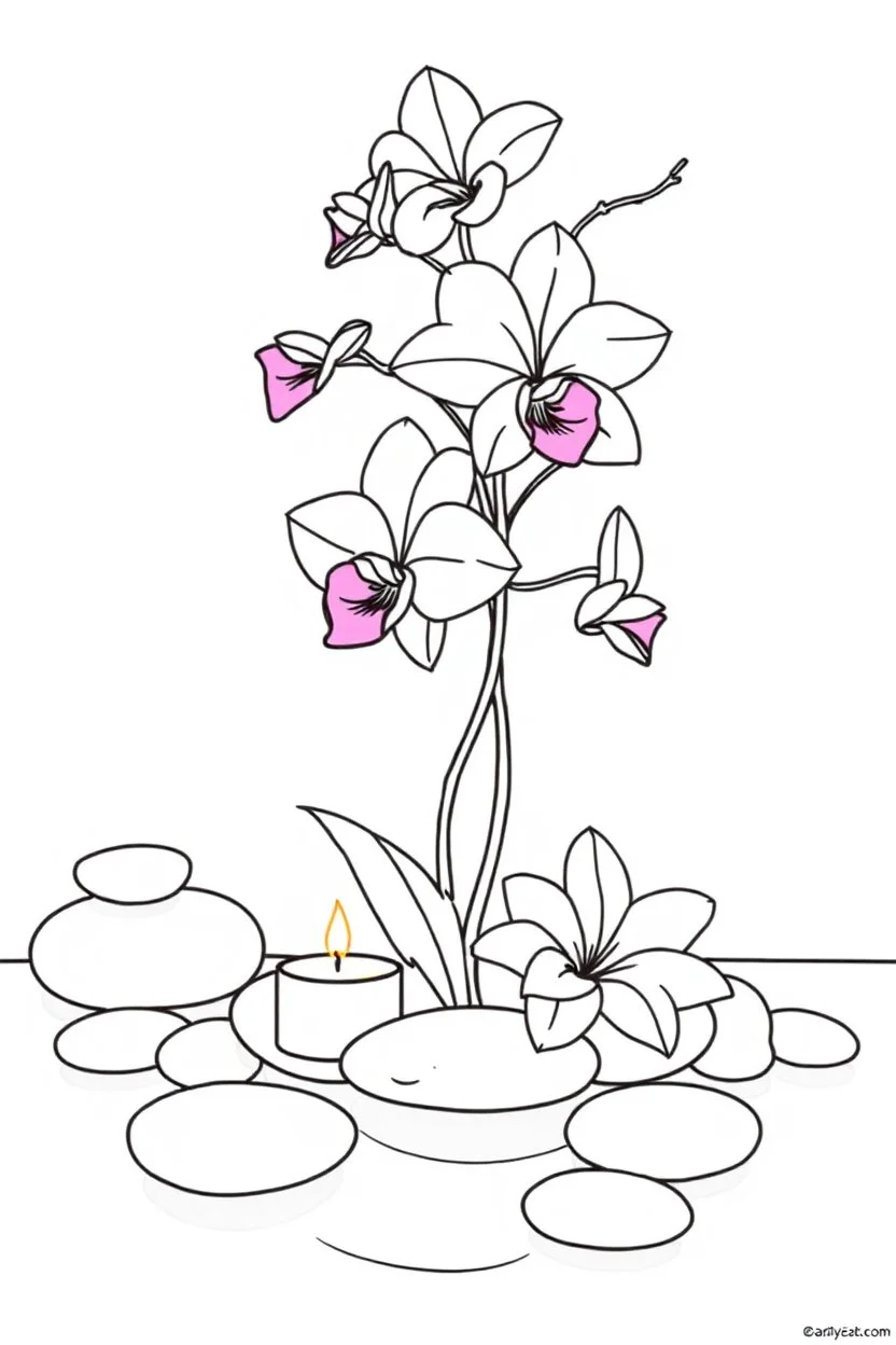 outline art for visually rich appealing tall ikebana heart orchids plumeria spa rounded stones around candles, coloring page for kids, white background, fit to page, only use outline, clean line art, no shadows, clear and well outlined