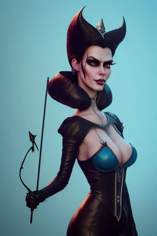 Lene Nystrøm as evil queen in black leather, busty, cleavage, voluptuous, Aqua Lene, angry, stern look. character design by cory loftis, fenghua zhong, ryohei hase, ismail inceoglu and ruan jia. unreal engine 5, artistic lighting, highly detailed, photorealistic, fantasy