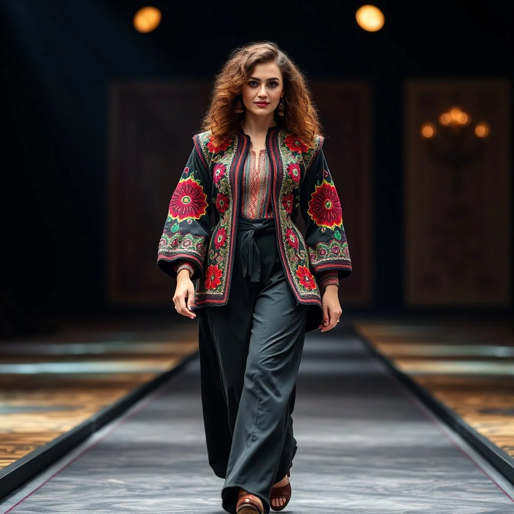 A full-body shot of a beautiful lady wearing azeri folk jacket and pants , curvy hair walking on a nice stage and looking at the camera