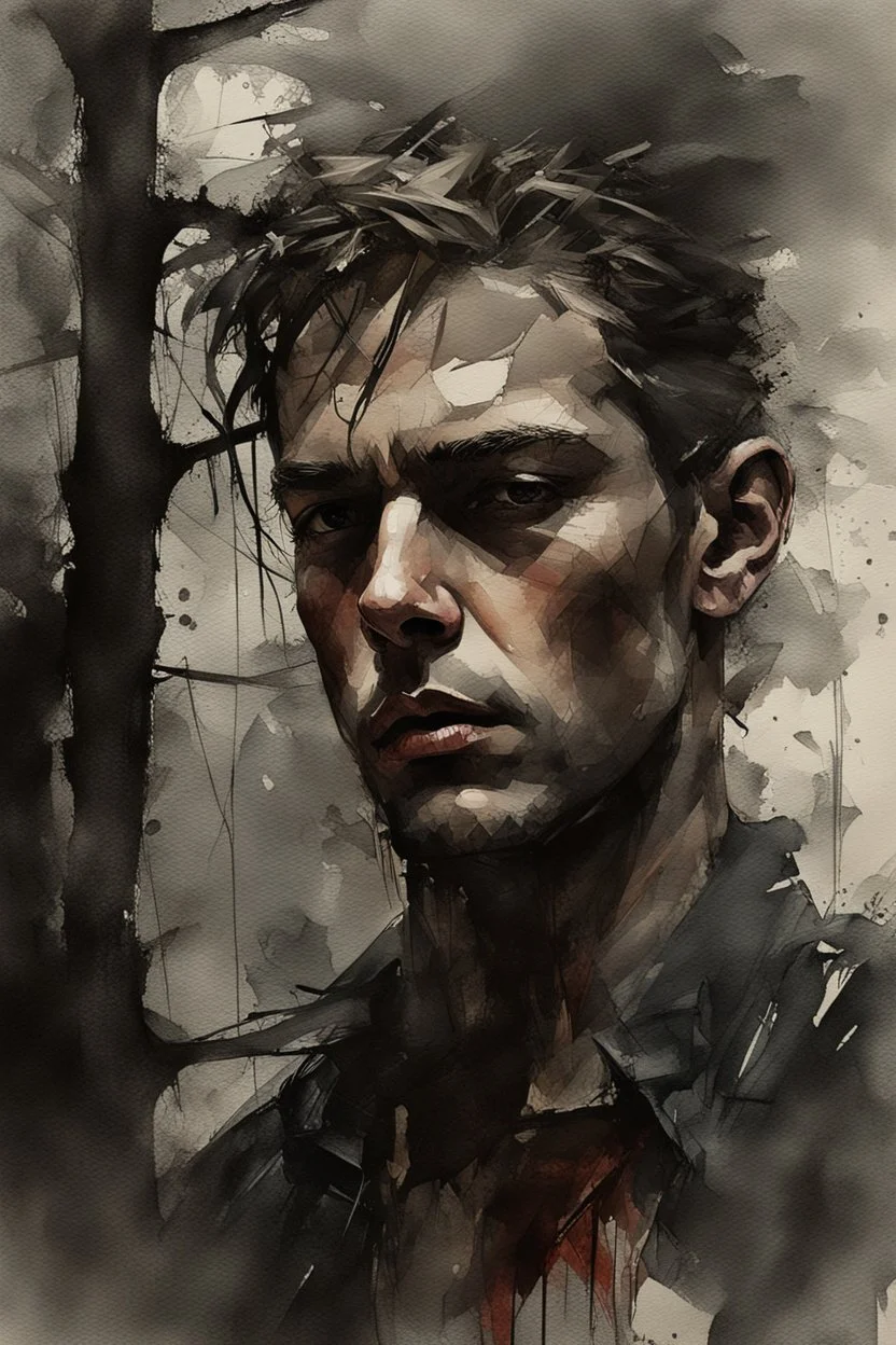 man is a rock made of stones taller than trees, vivid emotions, watercolor, photorealism, dark fantasy, bad weather, gloomy day, dark world, sketch art, fine lines, grunge, sensual, darkness, by Raymond Swanland & Alyssa Monks & Anna Razumovskaya