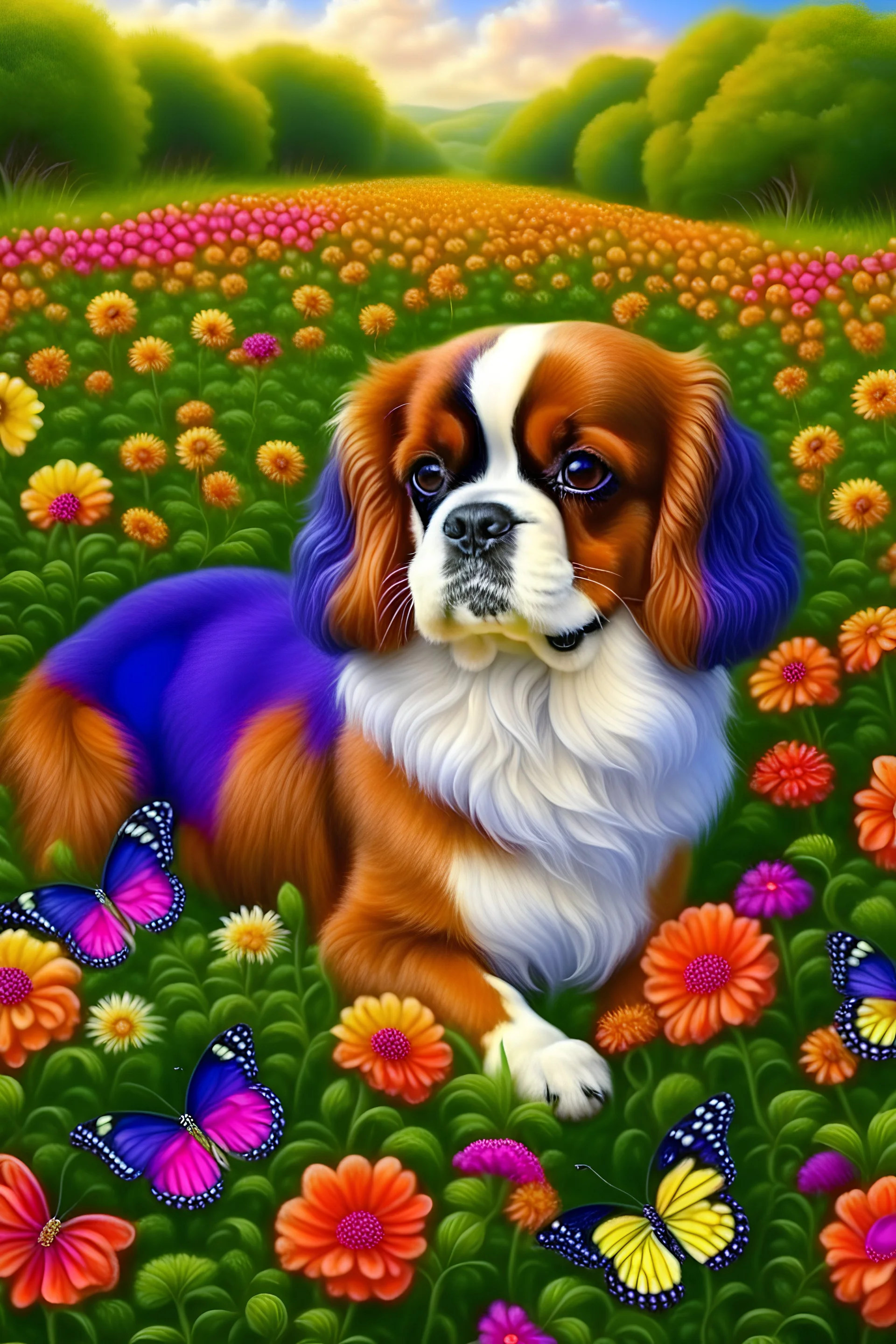 King charles cavalier in a field of flowers with butterflies realistic