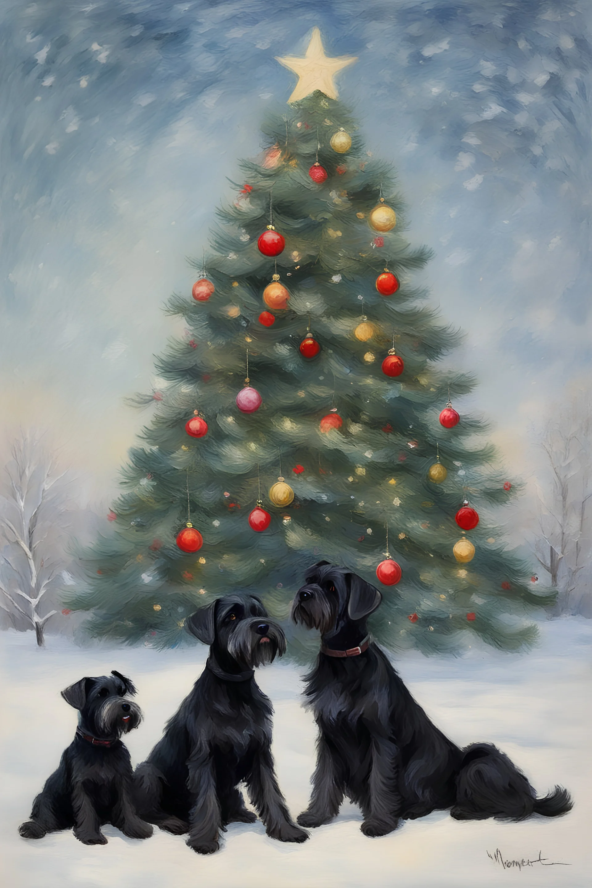 make a picture of a Christmas tree and three black schnauzer dogs. in approximately the same size by Monet