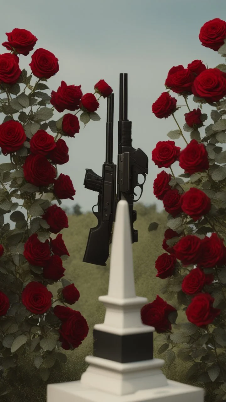 A grave in a field full of red roses. Above the grave is a white lace scarf and a gun.cinematic