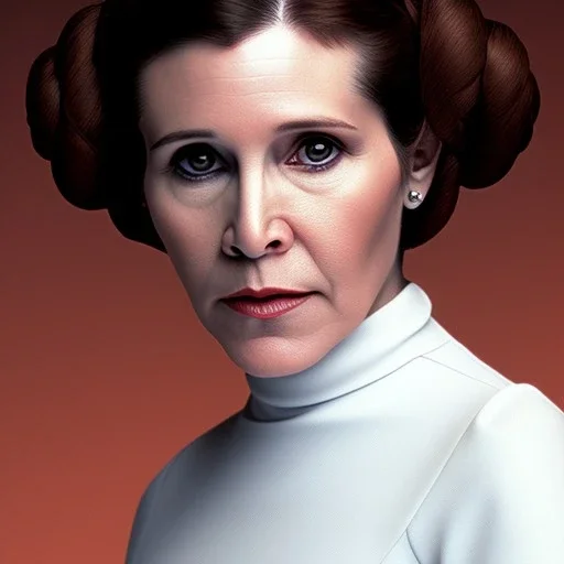 half-length color photography, three-quarter face pose of carrie fisher as Princess Leia with realistic fine and very simple short hair, entrancing deep brown eyes, Intricate, High Detail, Sharp focus, realism, beautiful and detailed lighting, Nikon D850, ef 85mm 5.6 by Annie Leibovitz