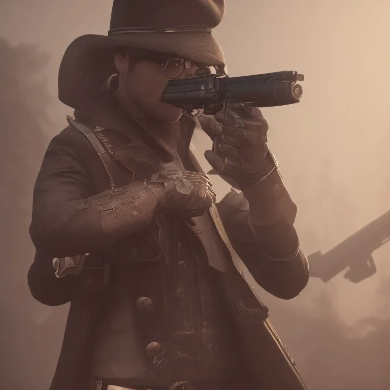 male gunslinger, badass, two guns, black fedora, dark red eyes, fanatsy, si-fi, photo realistic, ultra realistic, 8k, unreal engine 5