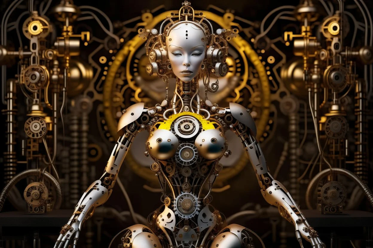 robot body with a female head, hands and feet, and a steampunk background