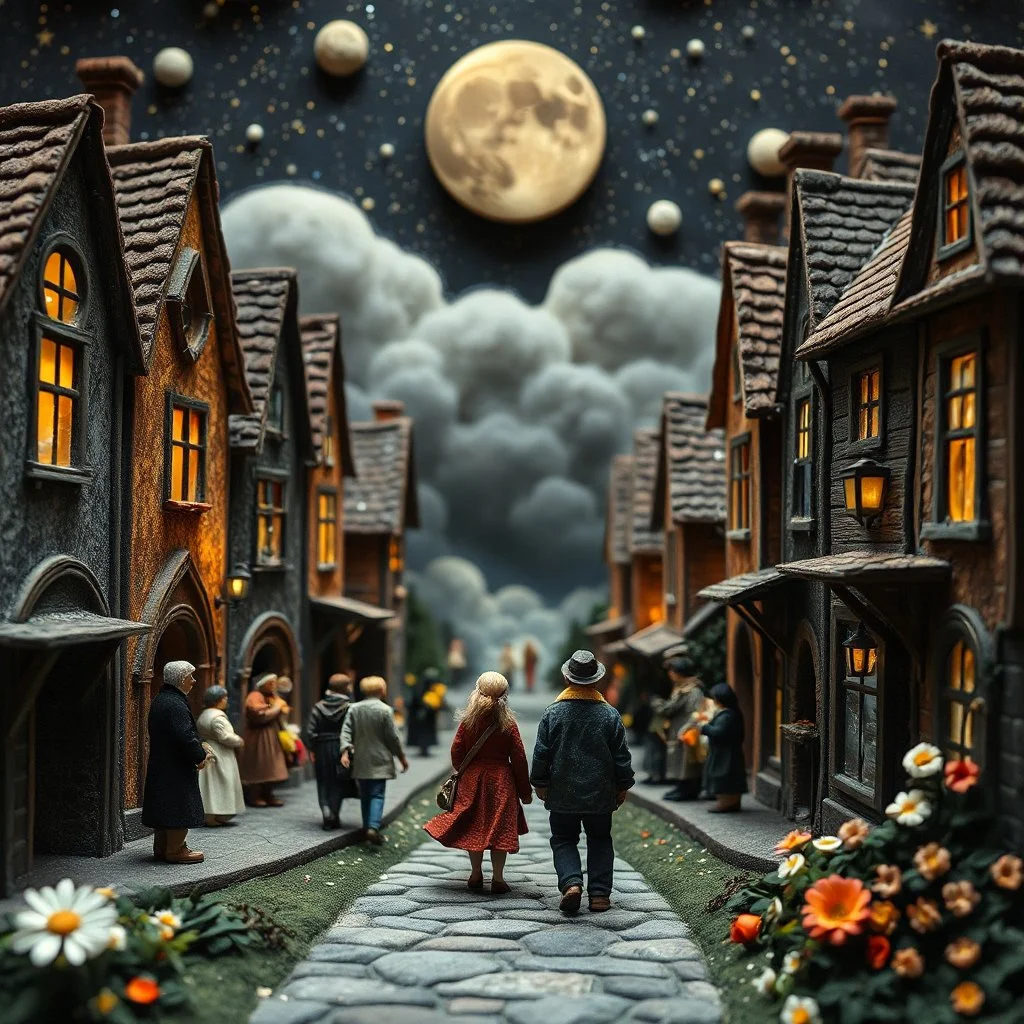 Detailed people, street made of modeling clay and felt, village, stars, galaxy and fog, planets, moon, volumetric light flowers, naïve, Henri Rousseau, strong texture, extreme detail, Yves Tanguy, decal, rich moody colors, sparkles, Harry Potter, bokeh, odd, shot on Ilford