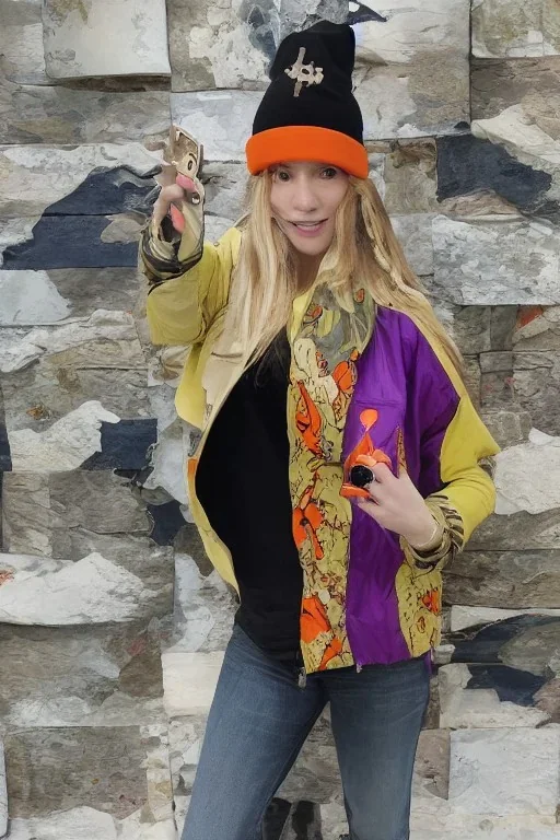 blonde taking selfie.thick thighs,thick calves,flat belly,curvy fell. big head. Mantle is sewed of upcycled Denim and sewed together of camouflage pieces. Pieces' color are orange, cream and purple. It is with big bright purple felt tippet and birght-colored-hood is merged with colorful beanie. Big colored headphones (gold rings!) is merged with small felt cap with small visor. Style: Haute Couture in 1950's Brazil, N.Y.C fashion in 2023