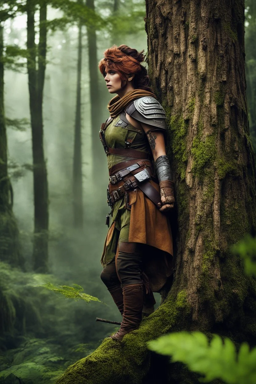 [Endor, tattooed woman warrior] From her perch high upon the leaf-whispering bough, Afrey's keen gaze scans each flickering shadow between the tree trunks below. All seems calm within the Ewok city — for now. But she has stood too long as a people's last defense not to know well that peace oft comes dressed in danger's guise. In the dim glow filtering through foliage, those swirls and knots inked upon her skin ripple subtly with each shift. Great serpents and ravens in their inexorable dance, cr