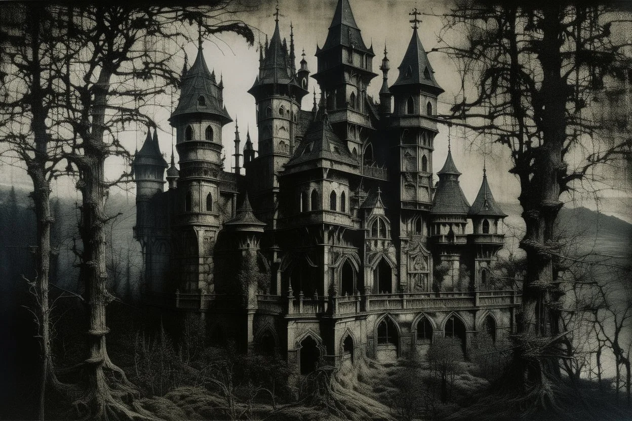 A black chaotic castle in a shadow realm designed in German folk art painted by Leonardo da Vinci