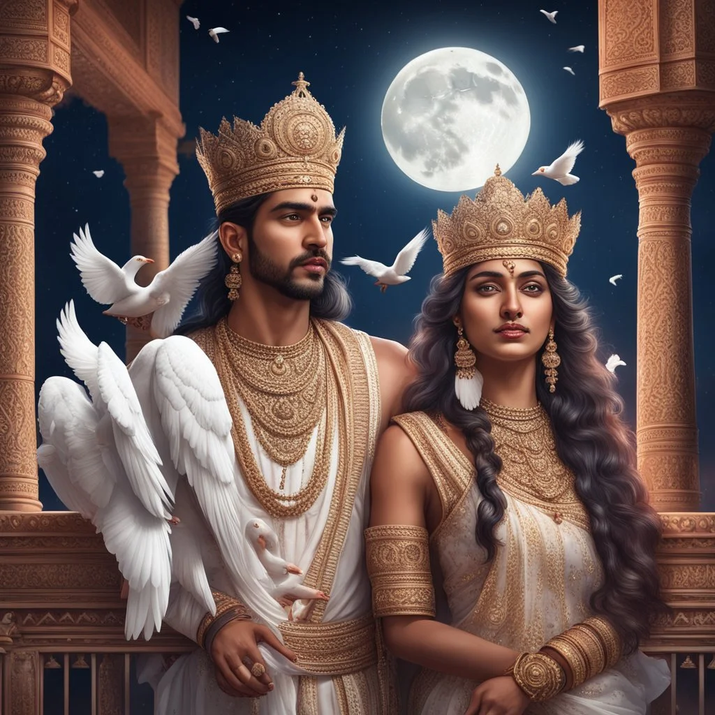 Hyper Realistic beautiful handsome Indian king & Queen on the balcony of an Indian palace at moon night with white pigeons flying