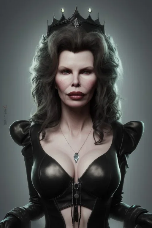 Kim Basinger as evil queen in black leather, busty, cleavage, curvy, angry, happy, stern look. character design by cory loftis, fenghua zhong, ryohei hase, ismail inceoglu and ruan jia. unreal engine 5, artistic lighting, highly detailed, photorealistic, fantasy