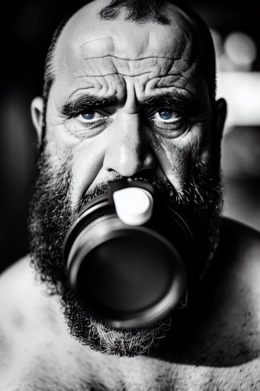 close up photography, dirty burly chubby Italian strong 48 years old homeless man, spitting milk from open mouth, dripping on the beard, with dirty tank top, emotional eyes, manly chest, photo, Canon EOS, lens 35mm, natural lights, 8K, in the morning