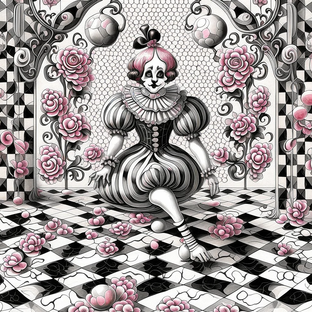 Storybook illustration of a Pierrot Clown, black and white with pink accents, Beardsely style, art nouveau elements, vintage drawing, pierrot vintage, black and white marble floor