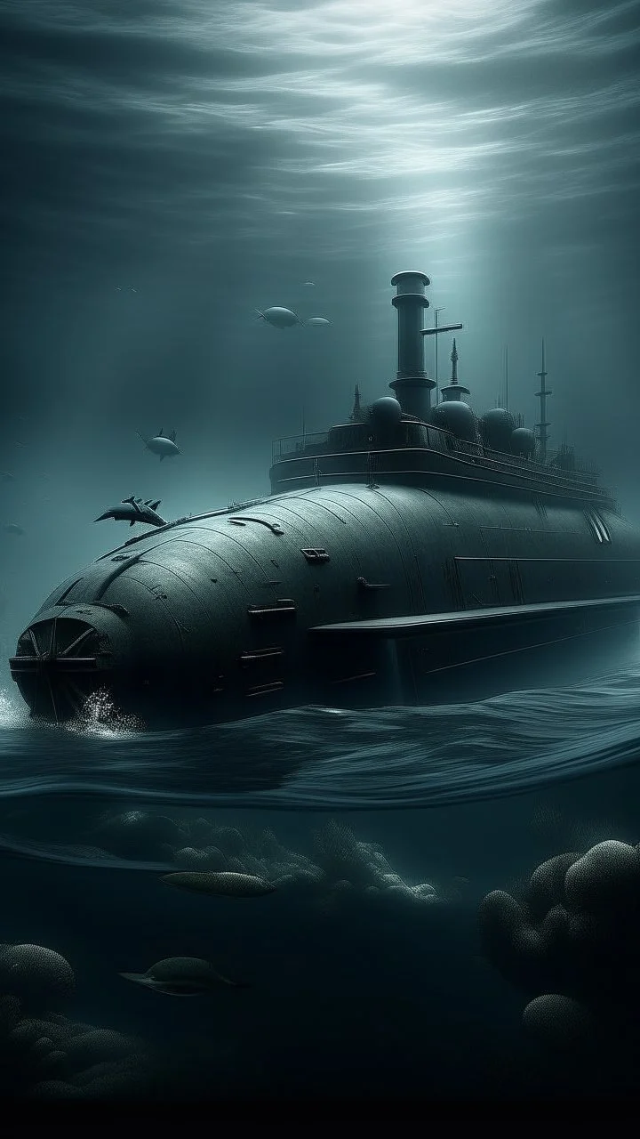 ,surrealism of the dark of a nightmare , hyper photorealistic, hyper detailed dark art color, high resolution, fog, octane render, tilt shift, HDRI Environment, all pictures dark gray, a torpedo is going toward a submarine under water