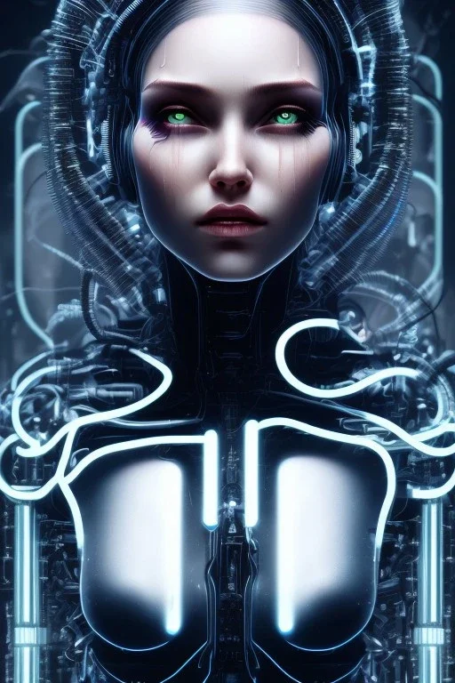 cyberpunk, head, women, portrai, cry, tears, tron, cyborg, robot, cyborg, white hair, seven , perfekt, real, dream, hr giger