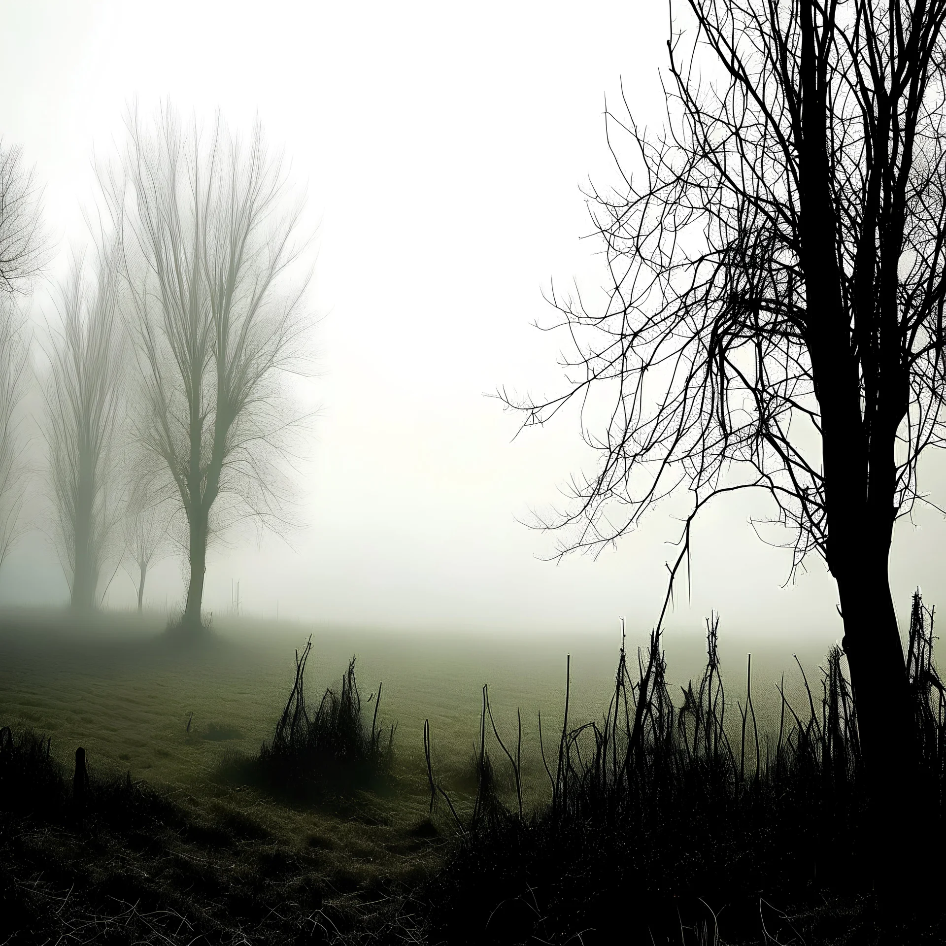 Countryside, morning, foggy. Gritty, raw photo of obscene filthy trees, creepy, eerily mysterious, grainy, intricate patterns, details of the leaves extremely accentuated