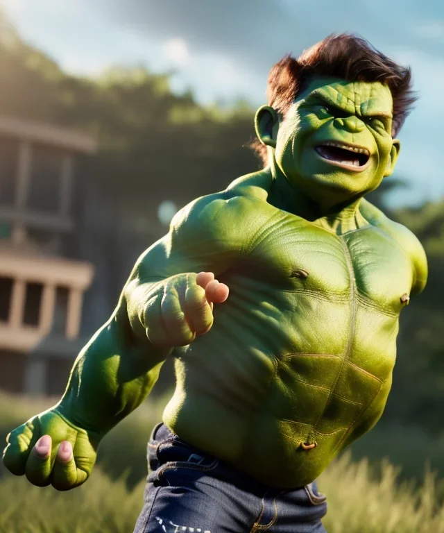 Hulk toddler, full body, dramatic lighting, smile, hyper realistic